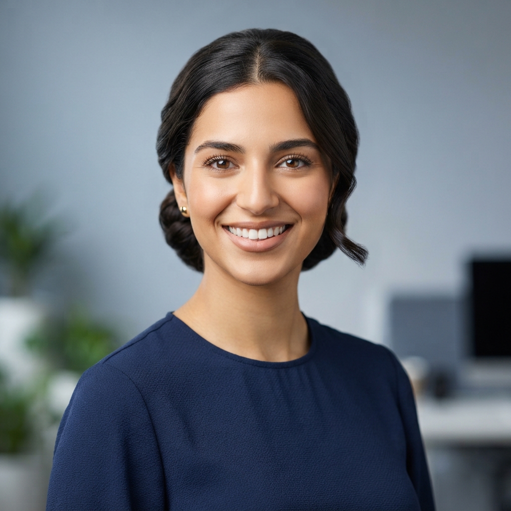 Smiling woman with dark hair in a navy blouse, posed against a softly blurred office background.