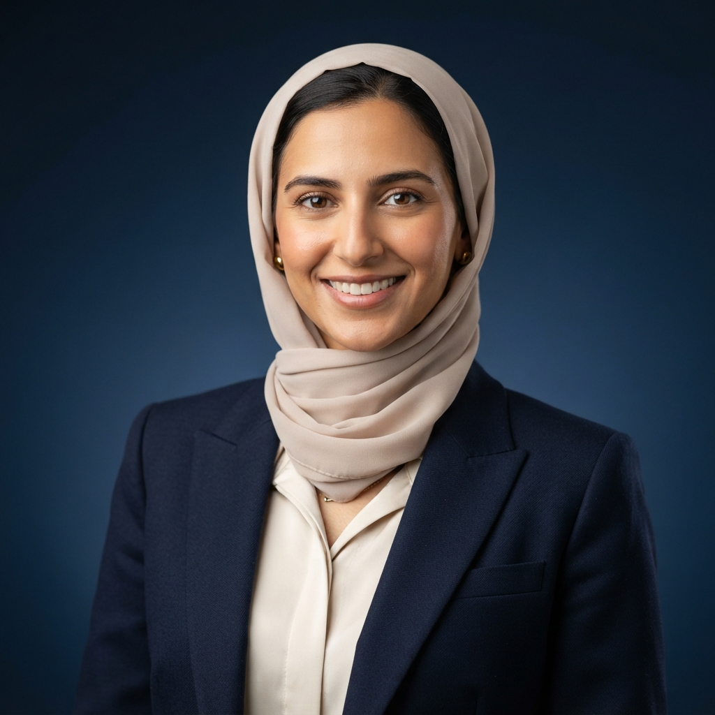 Smiling woman in a beige hijab, cream blouse, and navy blazer against a dark blue background.