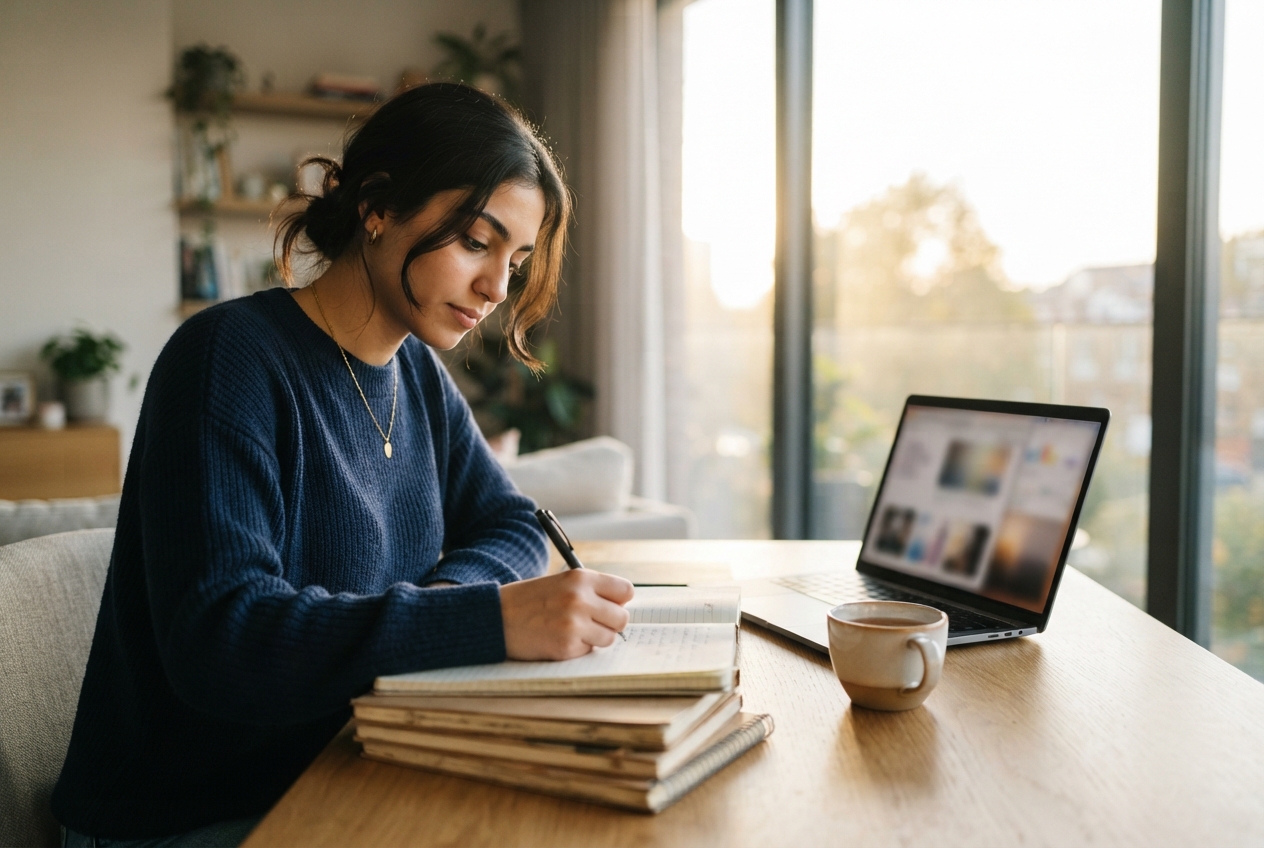 Woman writing in a notebook beside a laptop and coffee at a sunlit wooden table.