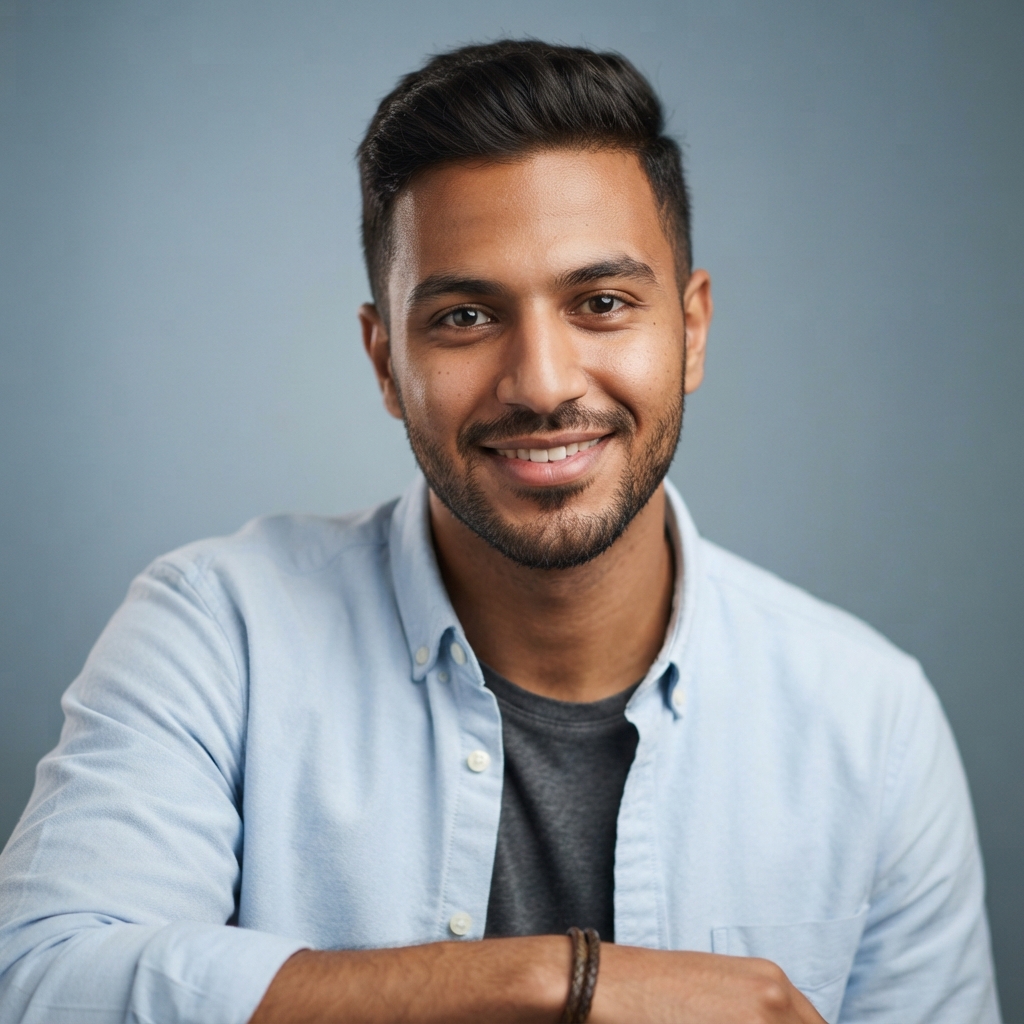 Smiling man in a pale blue shirt and dark T-shirt posing against a blue-gray background.