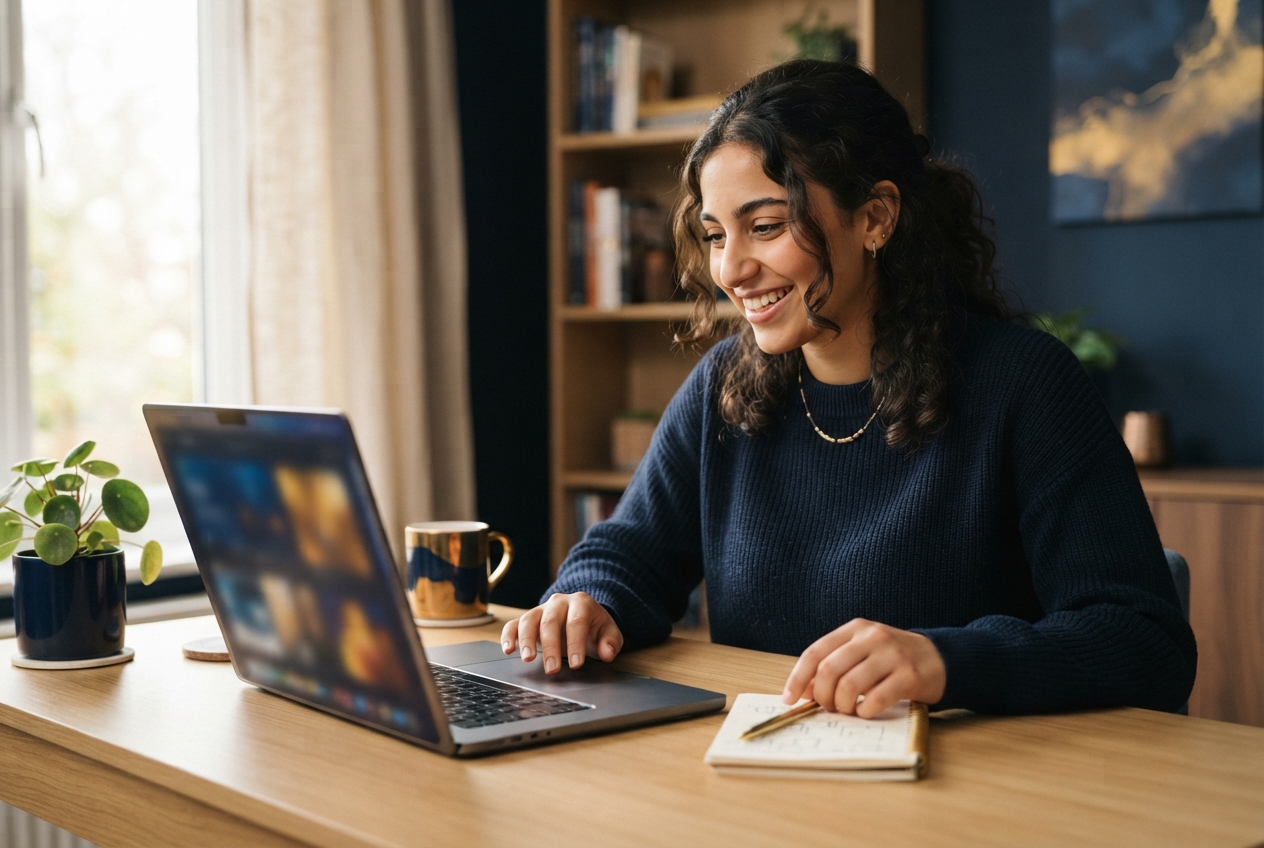Smiling woman works on a laptop and writes in a notebook at a warmly lit home-office desk.