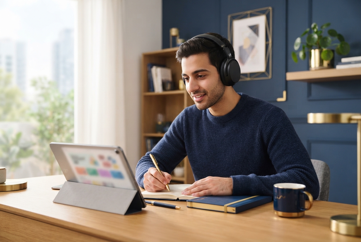 Man wearing headphones writes in a notebook at a home desk beside a tablet, books, and a mug.
