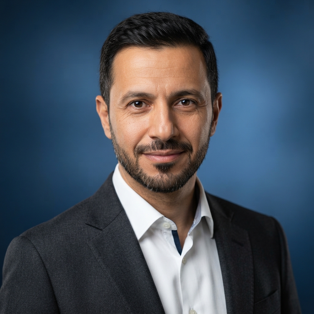 Chest-up studio portrait of a bearded man in a dark suit and white shirt against a blue background.