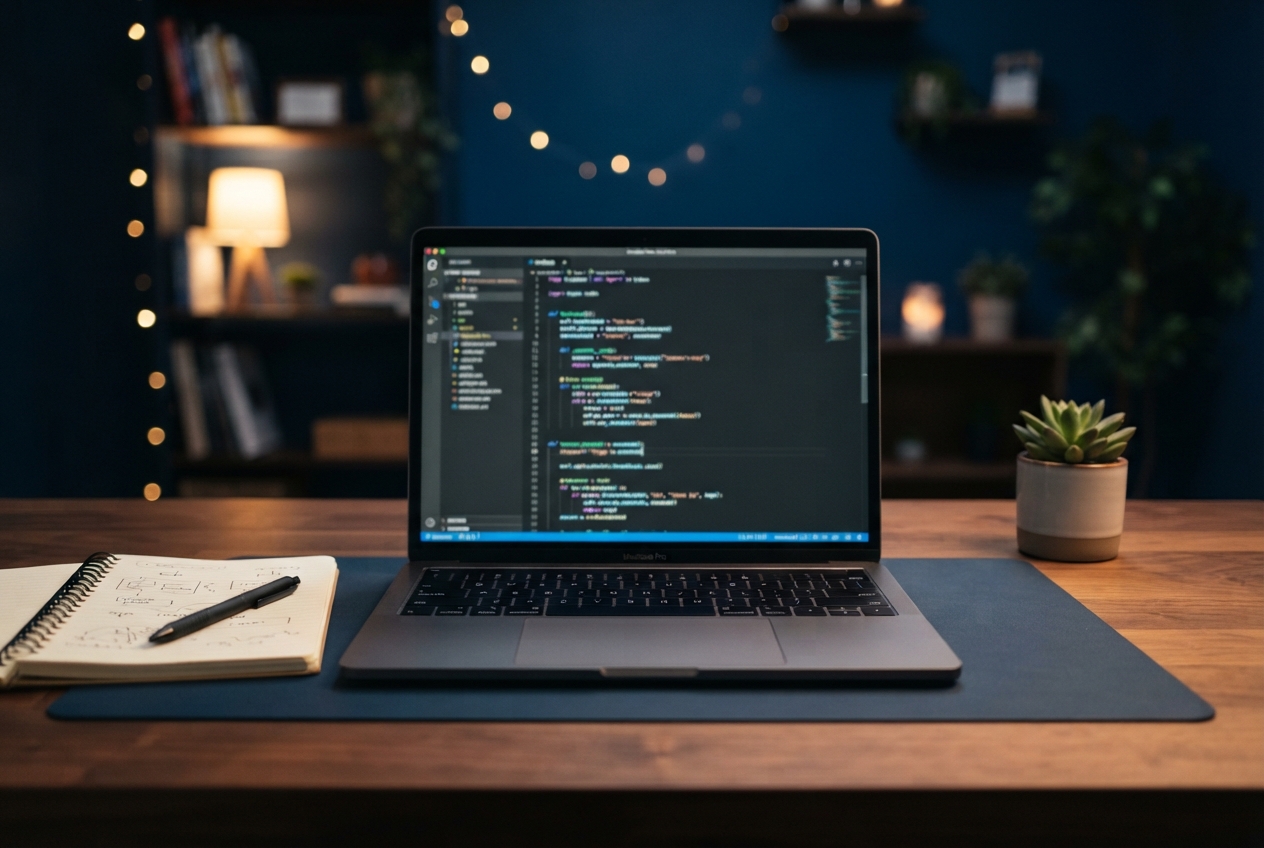 Open MacBook Pro displaying code on a wooden desk beside a notebook, pen, and potted succulent.