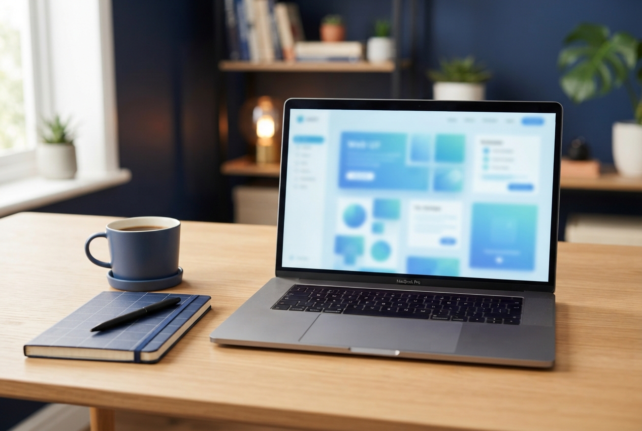 Laptop with a blurred blue dashboard, coffee cup, notebook, and pen on a wooden desk in a plant-filled room.