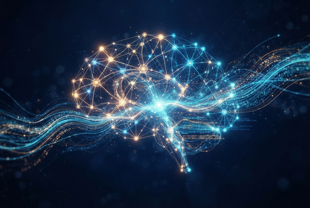 Glowing blue and gold neural network shaped like a brain with flowing data streams.