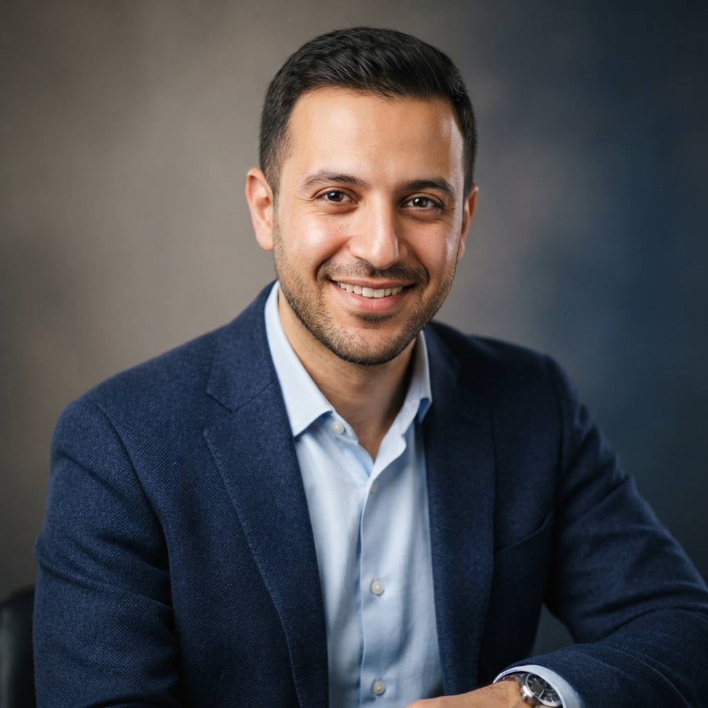 Smiling man in a navy blazer and light blue shirt posed against a softly blurred gray-blue background.
